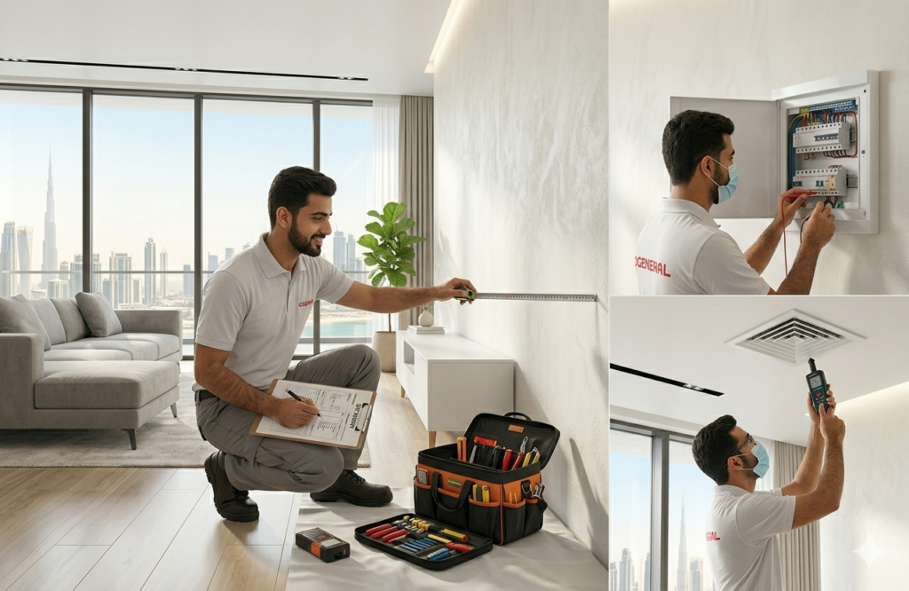 Professional AC maintenance technician servicing air conditioner unit in Dubai UAE